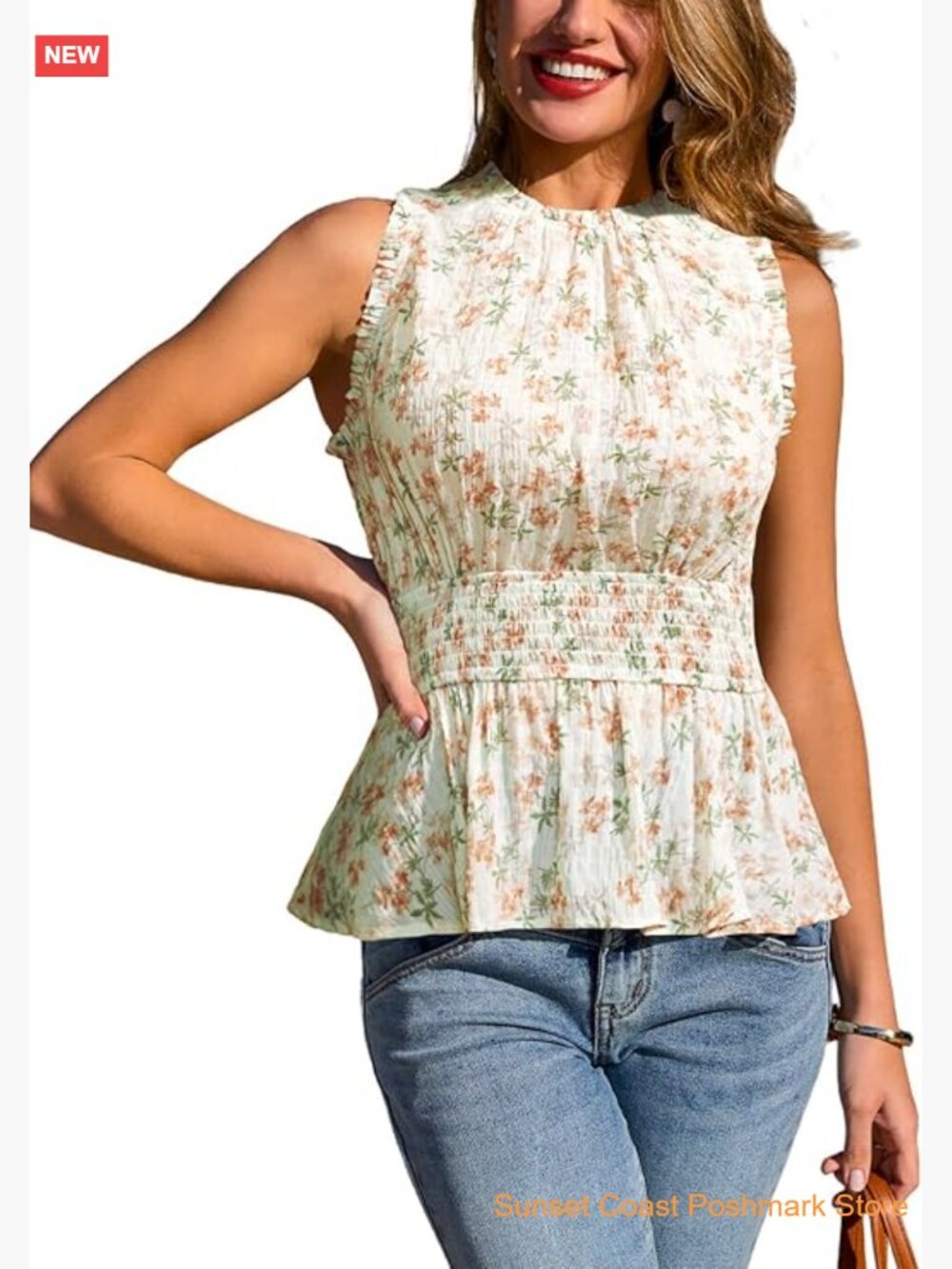 Floral Smocked High Neck Sleeveless Tank Top Peplum Ruffle